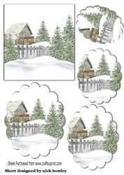 Lovely Snow Scene with Cottage Scalloped Pyramids