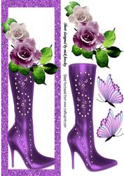 Pretty Cream/lilac Roses on High Heeled Boot Dl