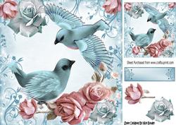 Pretty Blue Birds with Sparkle Roses and Pink 8x8
