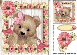 Gorgeous Little Fuzzy Bear with Birds and Pink Flowers 8x8