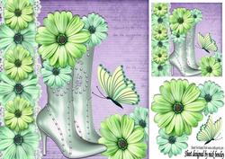 Pretty Lilac & Green Boots with Flowers and Butterflies 8x8