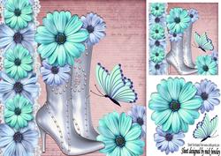 Pretty Blue and Turq Flowers with Boots and Butterflies 8x8