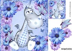 Cute Little Blue Dino with Lilac/blue Flowers & Butterflies