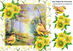 Spring is Here! Pretty Woodland with Yellow Birds 8x8