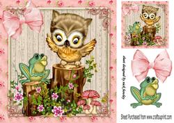 Cute Owl and Frog Sitting on a Floral Log 8x8