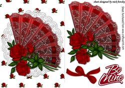 Pretty Lace Fan with Red Roses and Bow