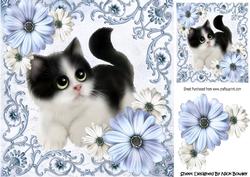 Cute Kitten with Blue & Cream Flowers 8x8