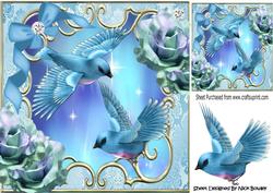 Blue Birds, with Rainbow Roses, Diamonds and Bow 8x8
