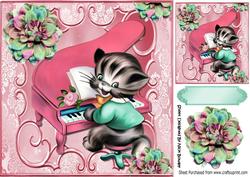 Cute Kitty Playing the Piano with Flowers 8x8