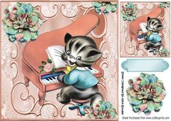 Cute Kitty Playing the Peach Piano with Flowers 8x8