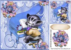 Kitty Playing the Blue Piano with Flowers 8x8