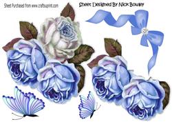 Pretty Blue/white Roses with Bow and Butterflies A4
