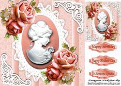Pretty Peach Roses with Cameo on Vintage Lace 8x8