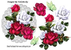 Pretty Red and White Roses on Lace Doilie with Butterflies