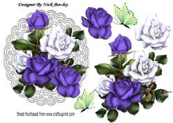 Pretty Purple/ White Roses on Lace Doilie with Butterflies