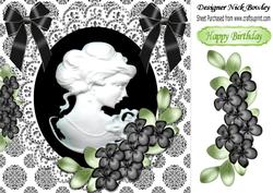 Elegant Black Cameo with Flowers, Lace with Bows 8x8