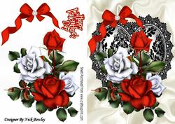 Red and White Roses with Bow on Blace Lace Heart