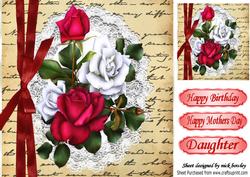 Red and White Roses on Lace and Script with Bow 8x8