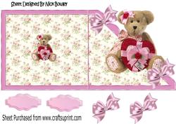 Cute Teddy with Heart and Bows on Floral Over the Edge