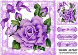 Pretty Purple Painted Roses, Butterflies with Bow 8x8