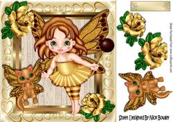 Little Faerie in Gold Glitter with Kitty and Gold Roses 8x8