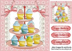 Yummy Cup Cakes on a Stand on Broderie Anglaise & Lace 8x8