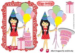 Happy Birthday! Birthday Girl with Balloons, Cake & Pressie