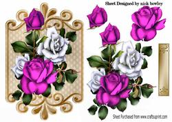 Cerise Pink and White Roses on Ornate Plaque