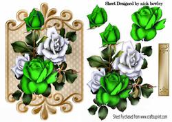 White and Green Roses on Ornate Plaque