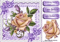 Purple and Cream Roses, Pearls, Lace and Bows 8x8