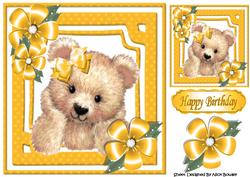 Cute Fuzzy Bear with Gold Flowers and Bow 8x8