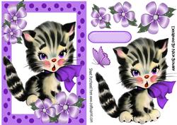 Cute Kitty in Purple Bow, with Flowers and Dotty Frame