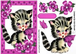 Cute Kitty in Pink Bow, with Flowers and Dotty Frame