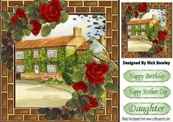 Pretty Red Roses with Cottages in Brick Effect Frame 8x8