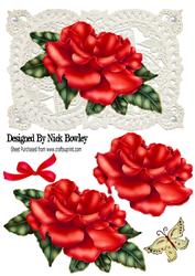 Pretty Red Rose on Vintage Lace with Pearls & Bow