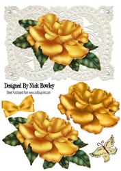 Pretty Gold Rose on Vintage Lace with Pearls & Bow