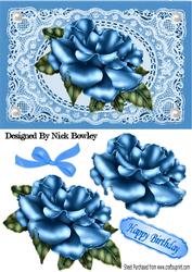 Blue Rose on Blue Vintage Lace with White Pearls