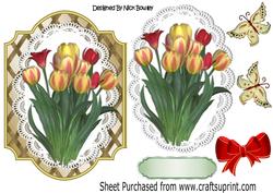 Spring Red and Yellow Tulips on Lace with Butterflies