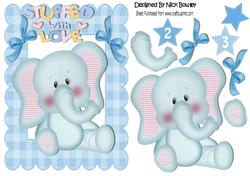 Cute Blue Ele Stuffed with Love in Gingham Frame
