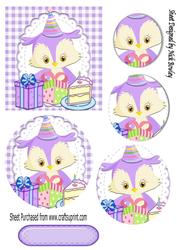 Cute Little Owl Celebrating Birthday with Cake Oval Pyramids