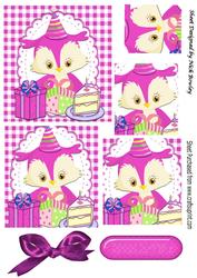 Cute Little Owl Celebrating Birthday with Cake Pink Pyramid