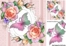 Pretty Pink/peach Summer Roses with Butterflies 8x8
