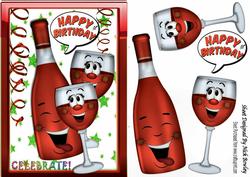 Toon Bottle of Wine with Funny Face Red Wine Glasses