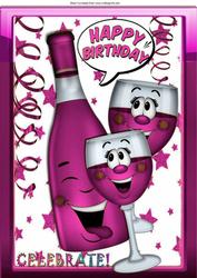 Toon Bottle of Wine with Funny Face Pink Wine Glasses A4