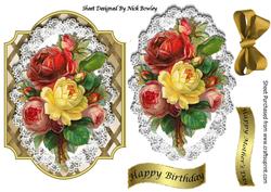 Pretty Vintage Yellow/red Roses on Lace on Lattice Frame