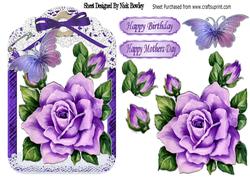 Pretty Painted Purple Roses and Butterflies in Lace Frame