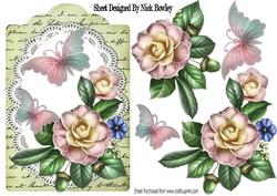 Wild Pink Roses on Lace with Butterflies and Script