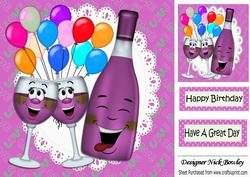 Double Trouble! Toony Bottle of Pink Wine with Balloons 8x8