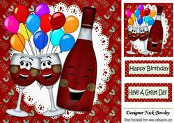 Double Trouble! Toony Bottle of Red Wine with Balloons 8x8
