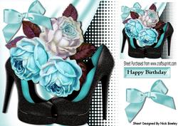 Black Glitter Shoes with Turq/white Roses & Bow 8x8